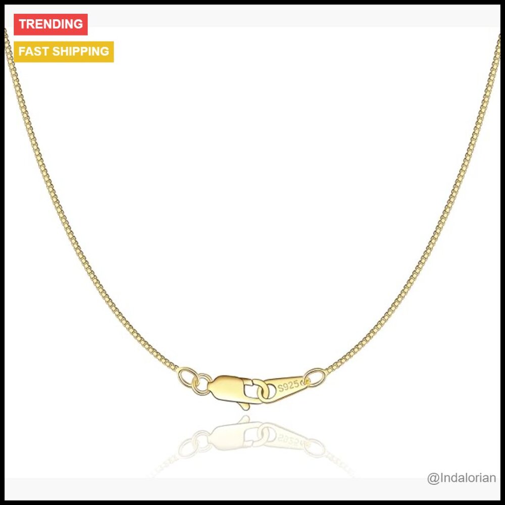 18K Gold Plated Sterling Silver Box Chain Necklace 0.8mm Thin Strong